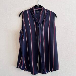 Ann Taylor  Navy Striped Sleeveless Bow Blouse Size Large